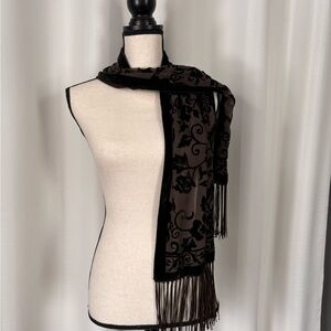 Black Floral Scarf with Fringe
